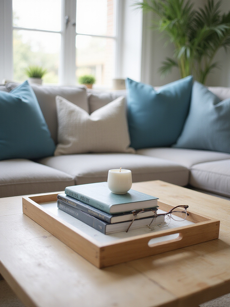 Living room decor featuring a marble tray on a coffee table holding books, a candle, and glasses.