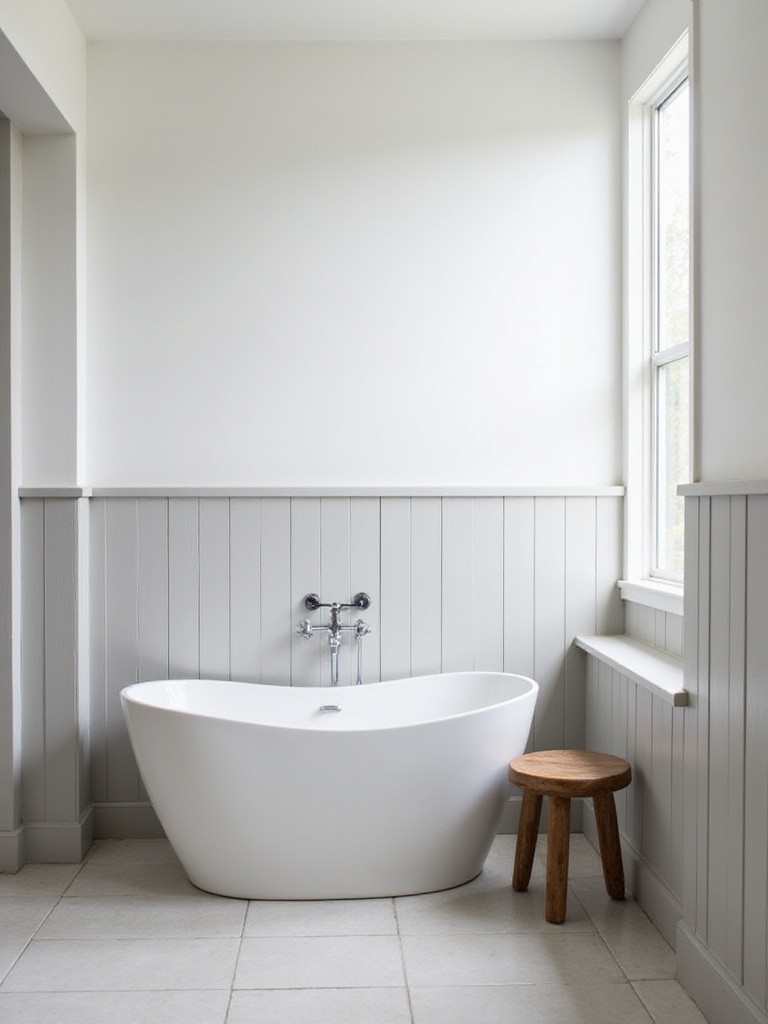 Modern bathroom interior with light grey shiplap walls and a freestanding bathtub