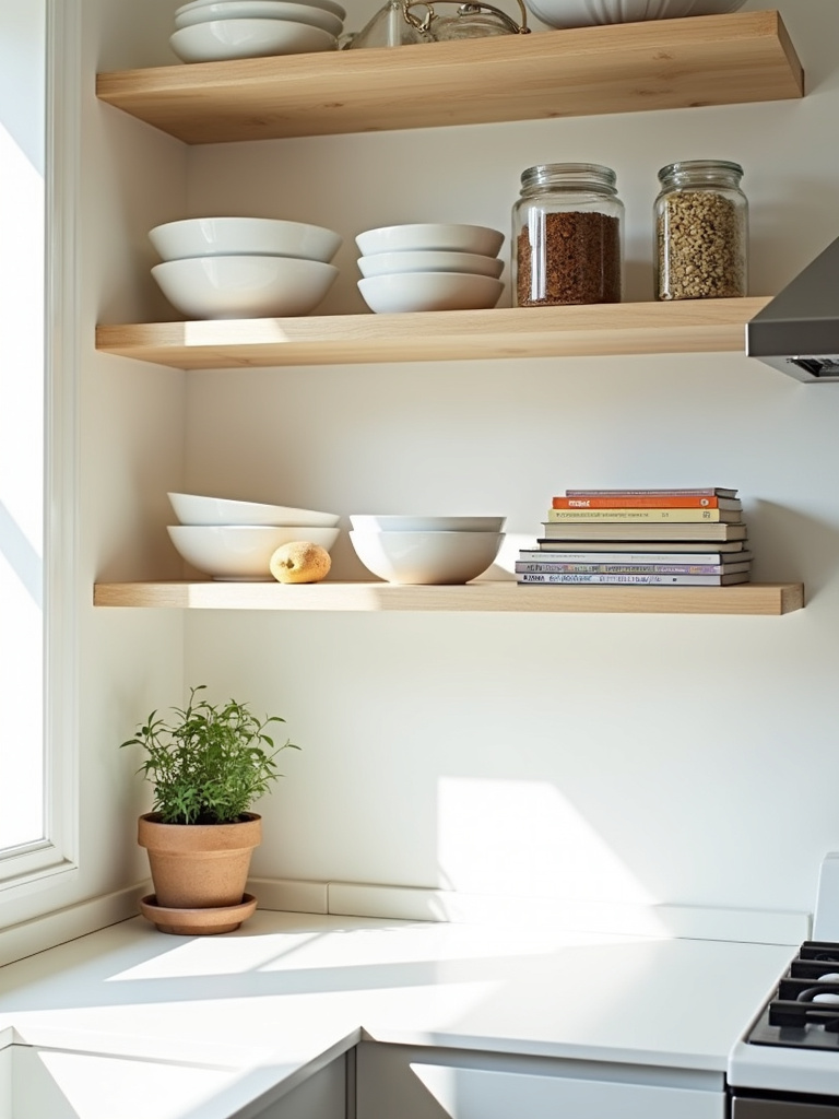 Modern kitchen with open shelving displaying dishes, spices, herbs, and cookbooks.
