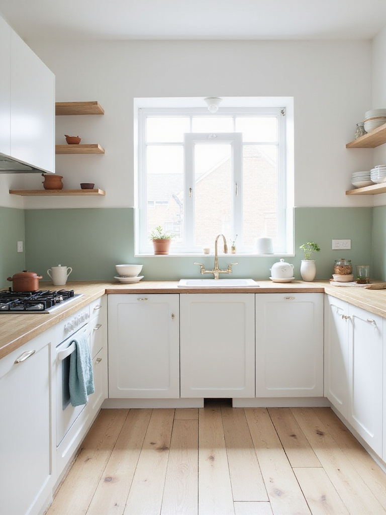 Scandinavian kitchen with sage green backsplash and terracotta pottery accents