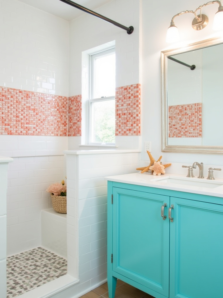 Coastal bathroom with white subway tiles, turquoise vanity, and coral mosaic accent wall in the shower.