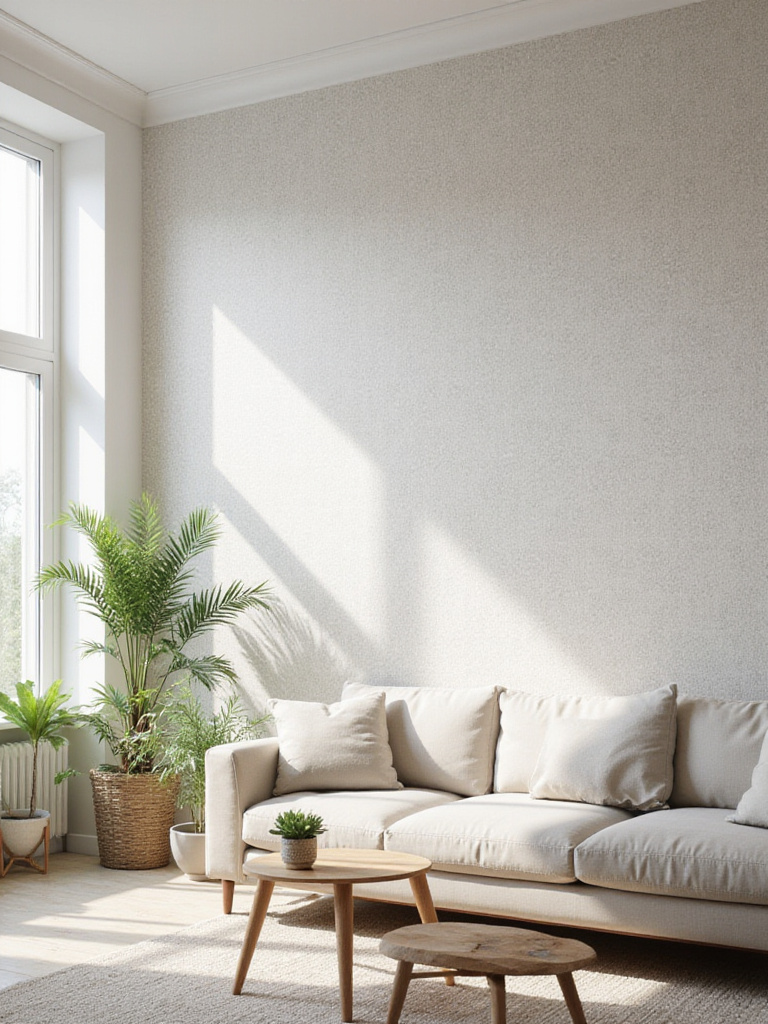 Living room with textured geometric wallpaper accent wall