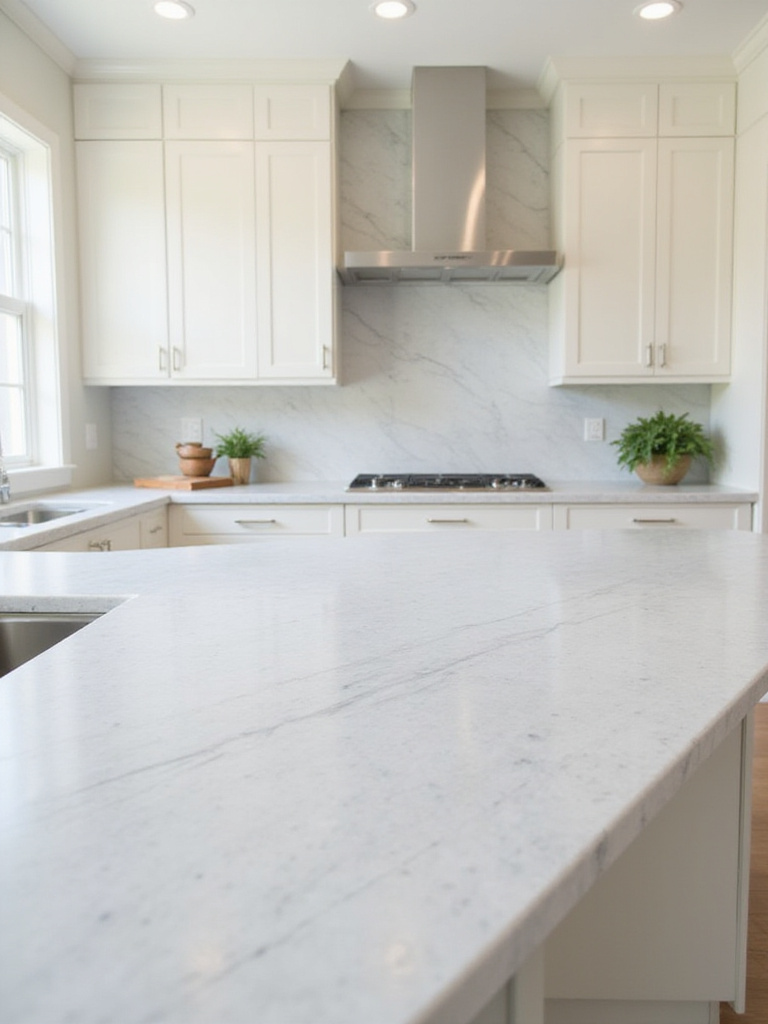 Kitchen with elegant marble countertops and backsplash