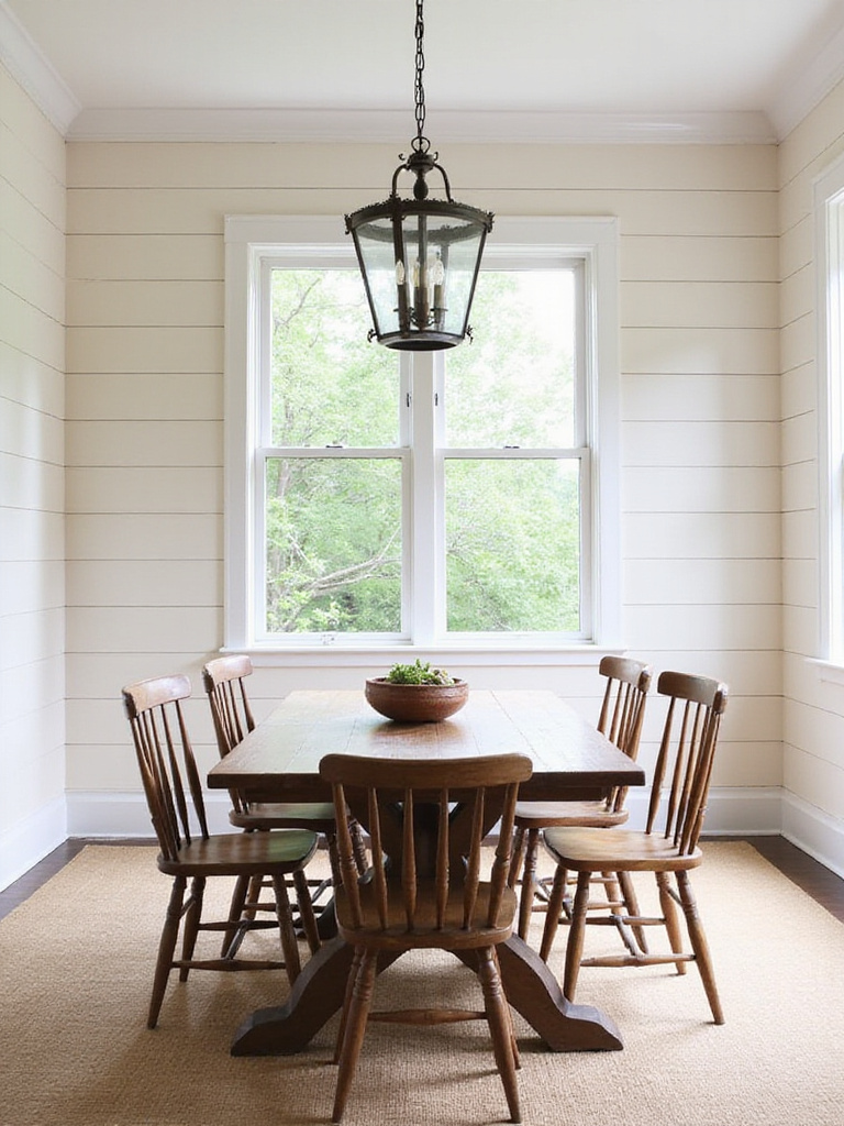 Farmhouse dining room with white shiplap walls and rustic wooden table.