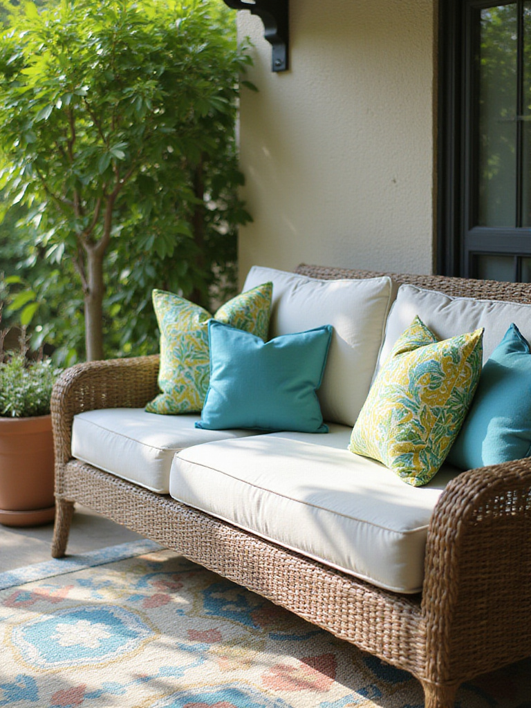 Vibrant throw pillows on outdoor sofa add color and comfort to patio.
