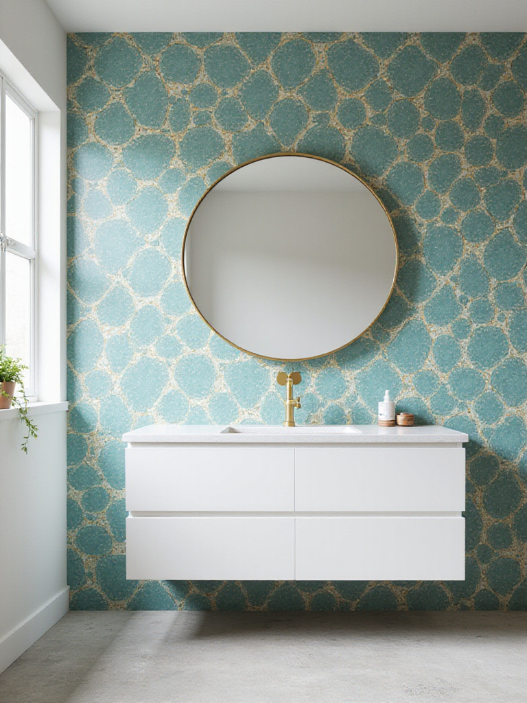 Bathroom vanity wall with bold geometric patterned tiles in teal, gold, and white.
