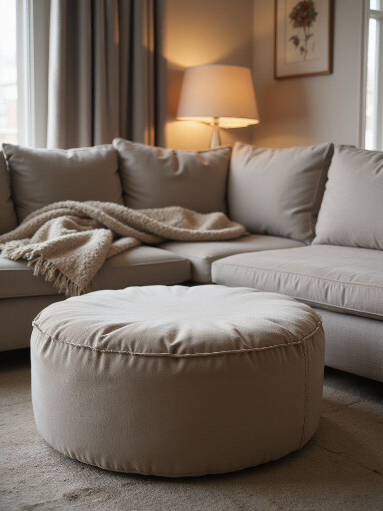 Cozy living room with velvet ottoman in front of a sofa