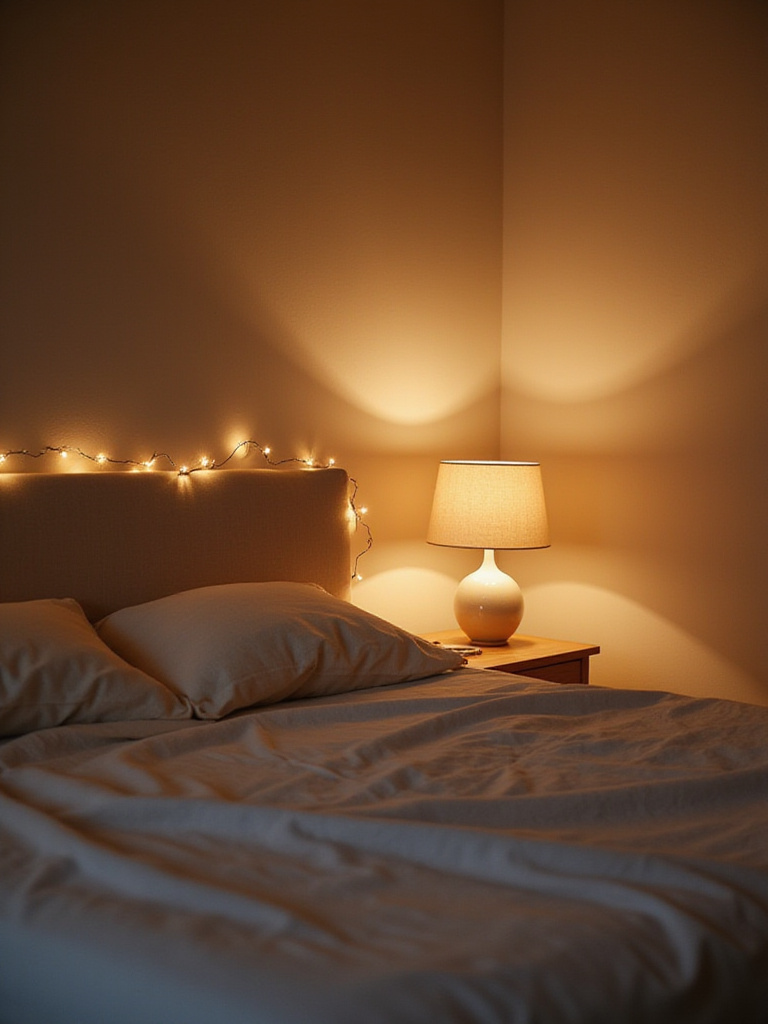 Beige bedroom with soft ambient lighting from lamps and string lights creating a serene atmosphere.