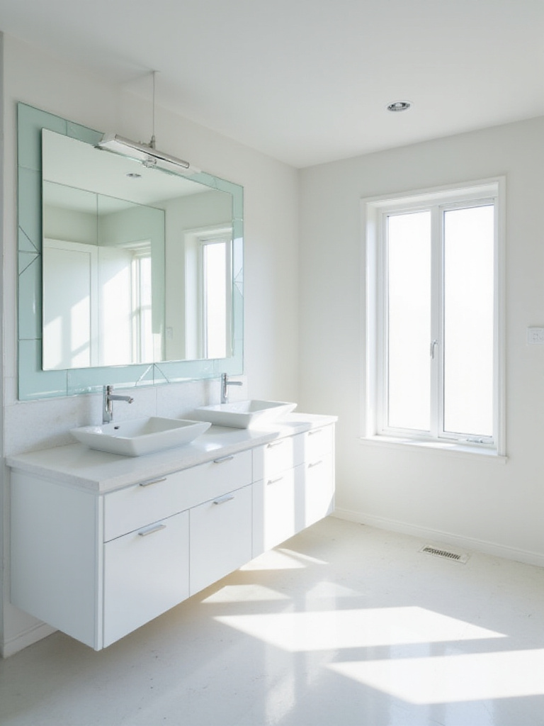 Modern bathroom with full-wall mirror reflecting natural light and creating a spacious feel