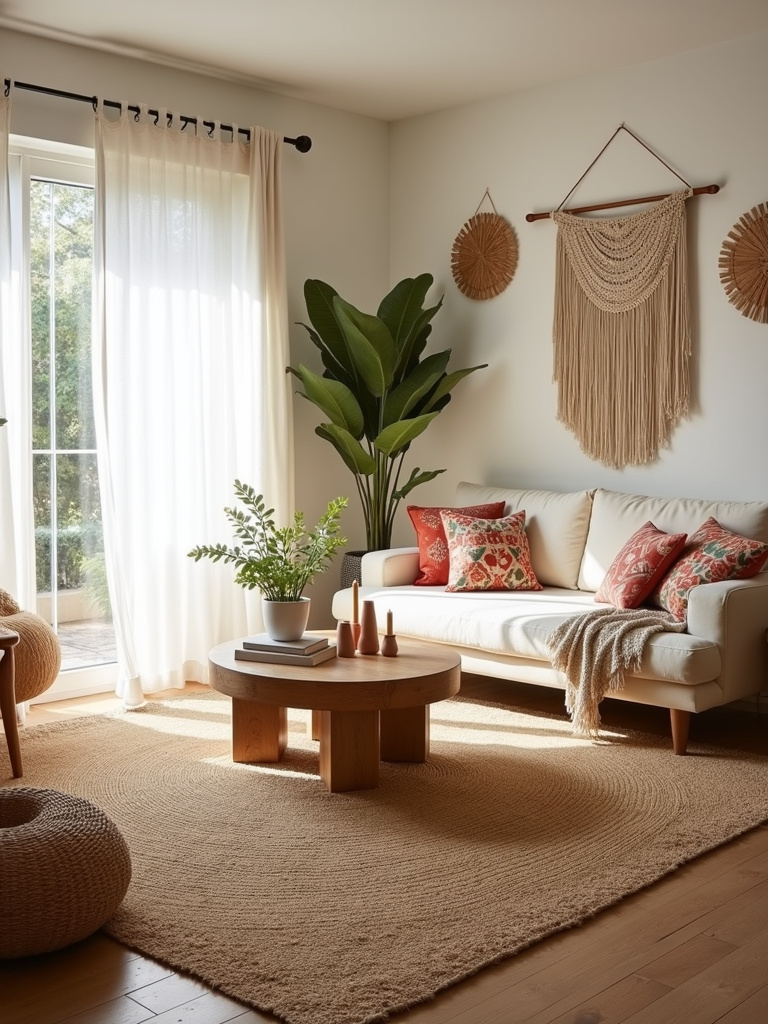 Boho living room with large jute rug, cream sofa, and natural textures.