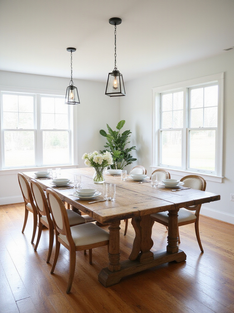 Farmhouse dining room with reclaimed wood table