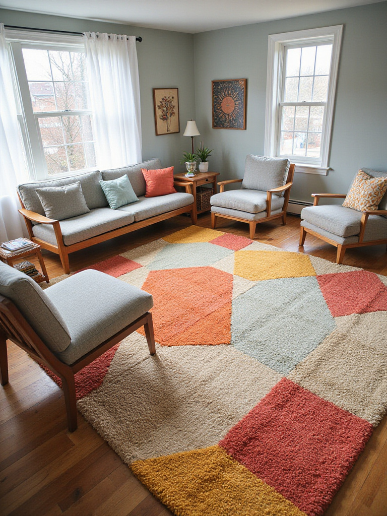 Modern living room with a colorful geometric rug anchoring the seating area.