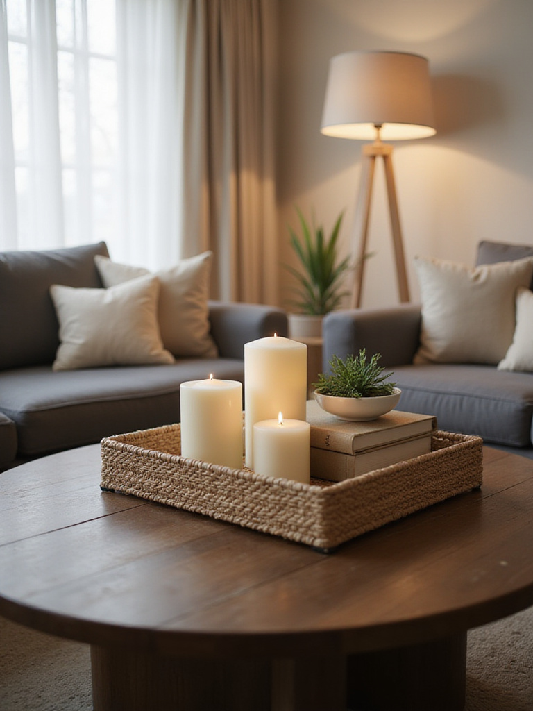 Cozy living room coffee table display with tray, candles, and books.