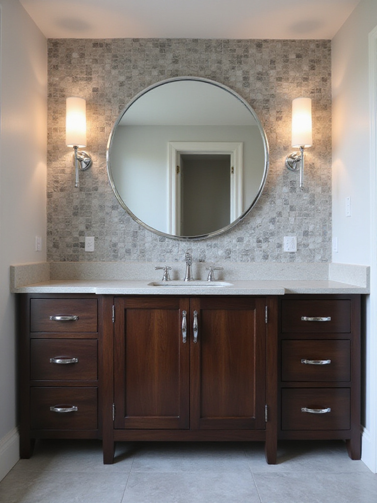 Modern bathroom with Art Deco-inspired vanity, geometric tile backsplash, and chrome fixtures.