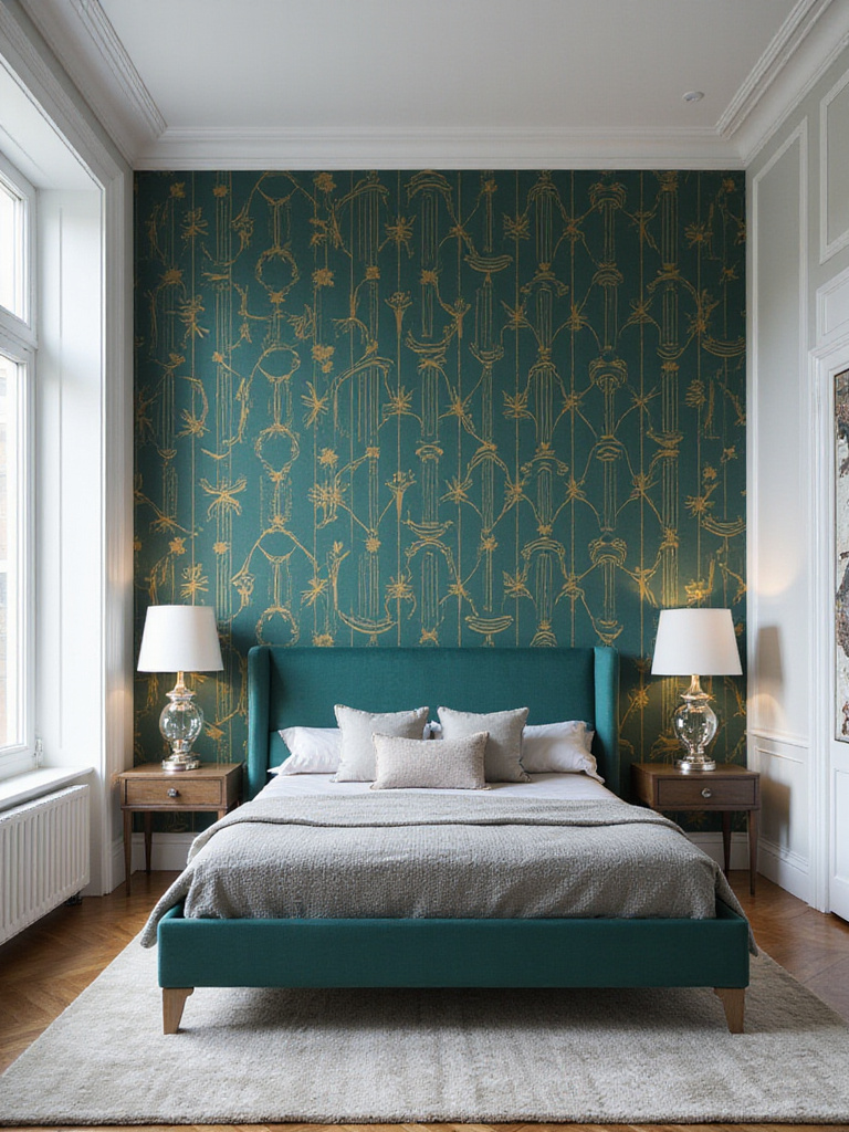Modern bedroom with Art Deco wallpaper accent wall in gold and emerald green.