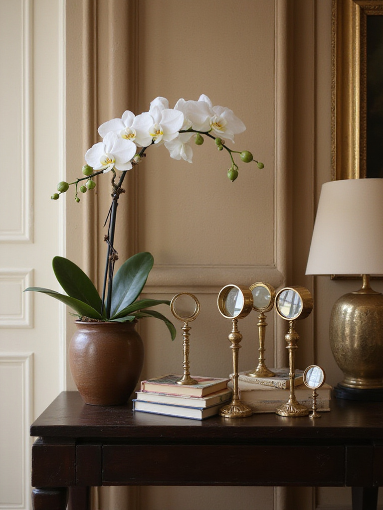 Luxury living room decor featuring antique magnifying glasses and art books on a console table.