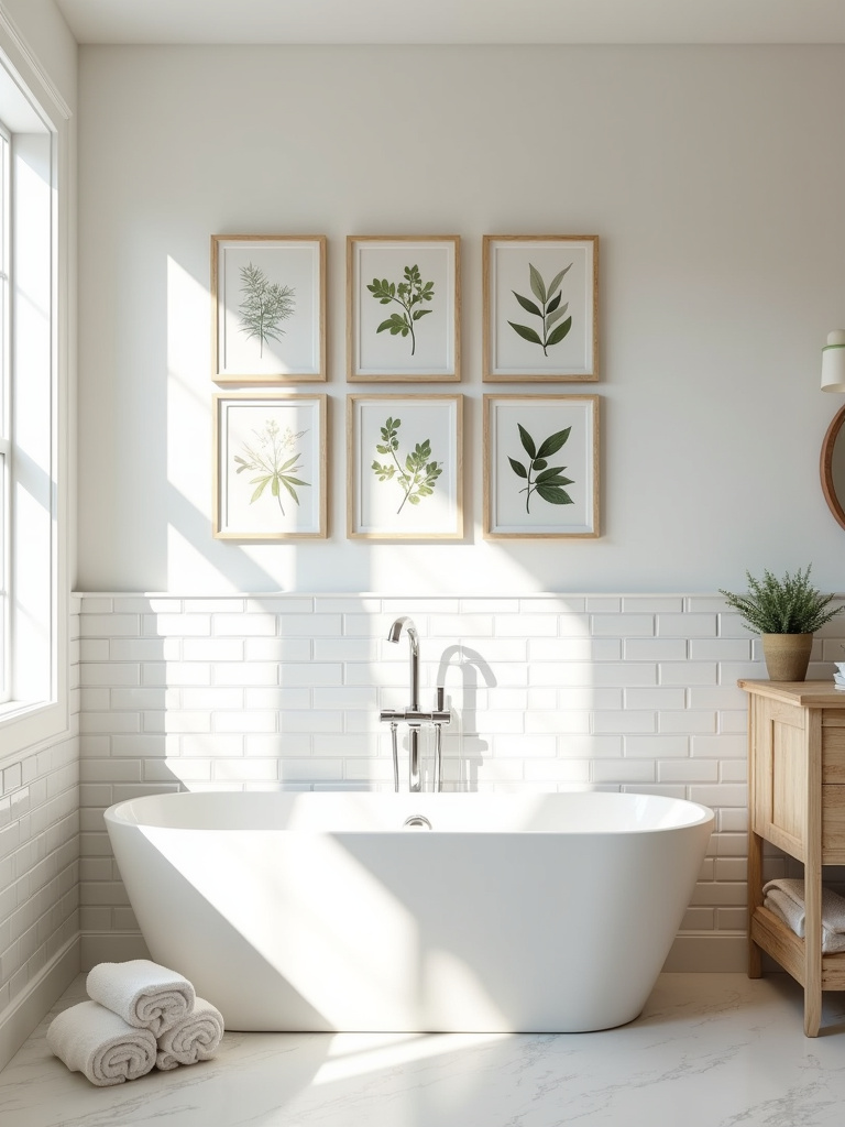 Bathroom with gallery wall of botanical prints above bathtub