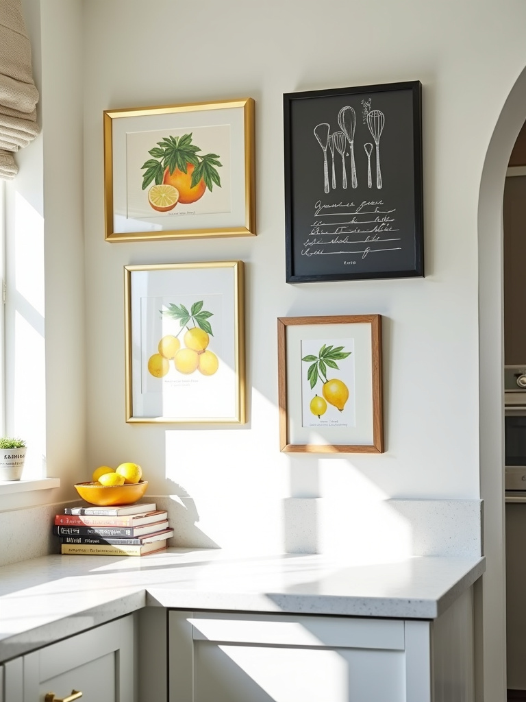 Kitchen gallery wall featuring framed food-themed art and a chalkboard recipe.