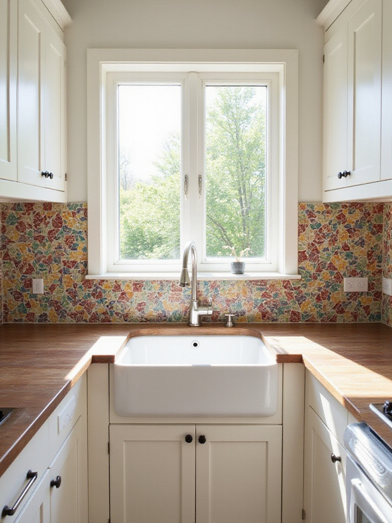 Modern kitchen with white cabinets and a bold, geometric tile backsplash.