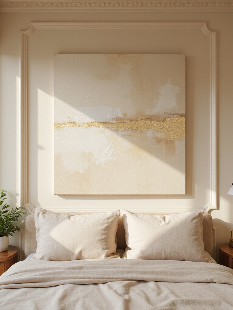 Beige bedroom with abstract beige, cream, and gold artwork above the bed.