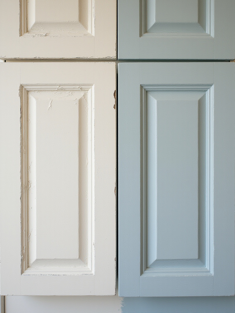 Close-up of poorly vs. professionally painted cabinet door showing common DIY mistakes.