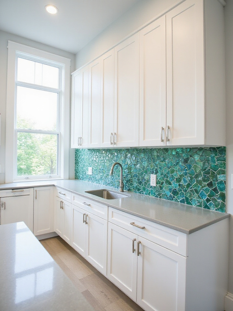 White kitchen cabinets with a vibrant iridescent teal and emerald green geometric glass tile backsplash.