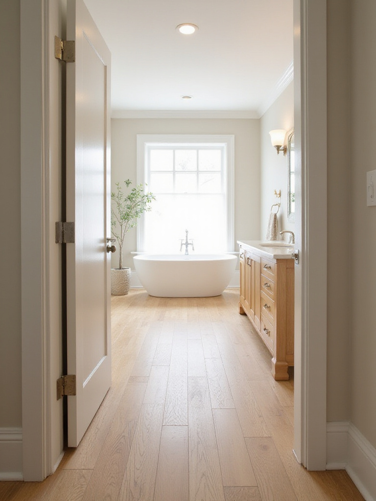 Eco-chic bathroom with strand-woven bamboo flooring creating a spa-like atmosphere.