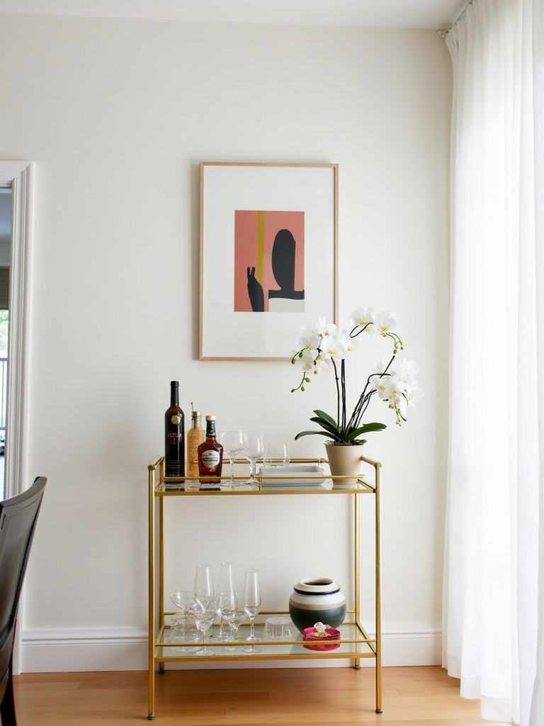 Modern dining room with gold bar cart featuring glassware and liquor bottles.