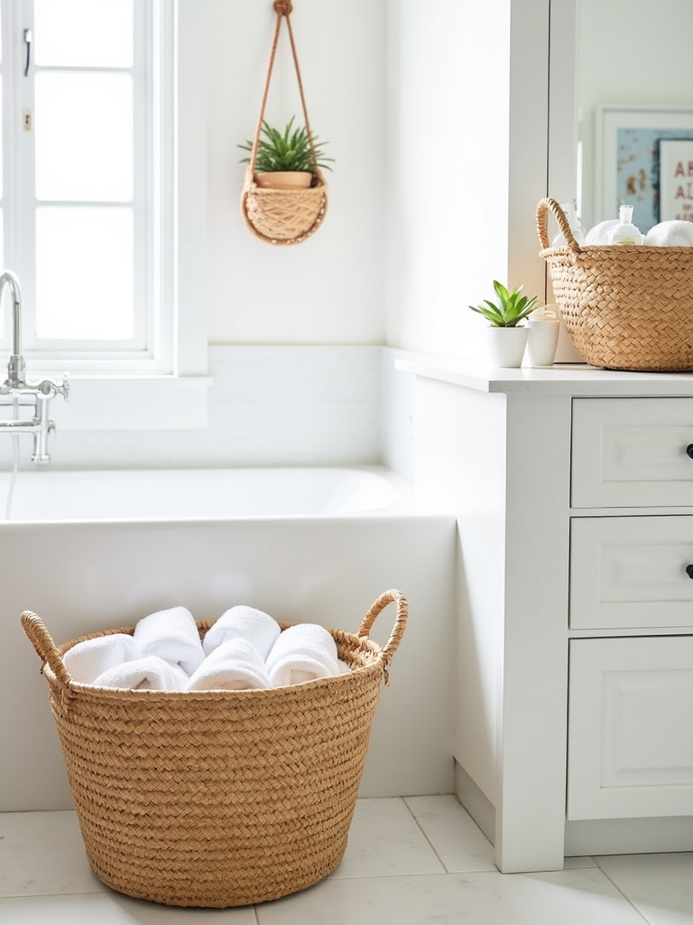 Bathroom with woven baskets for organized storage and decor