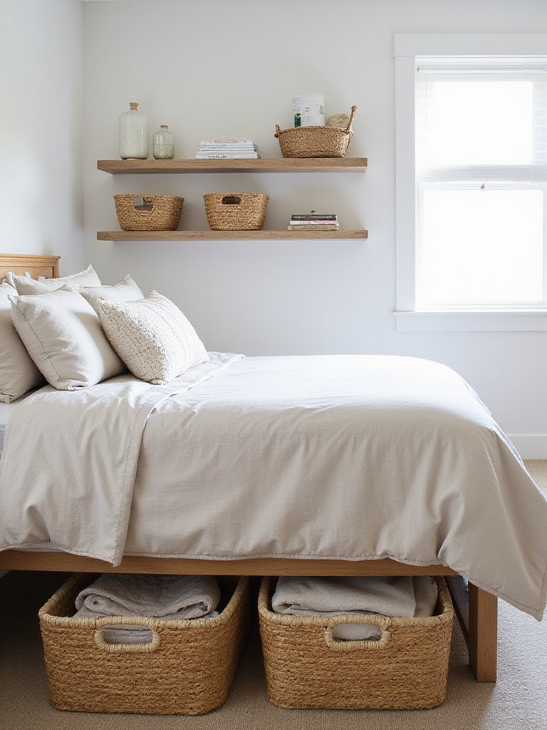 Small bedroom interior showcasing woven baskets as stylish storage solutions for blankets, books, and decorative items.