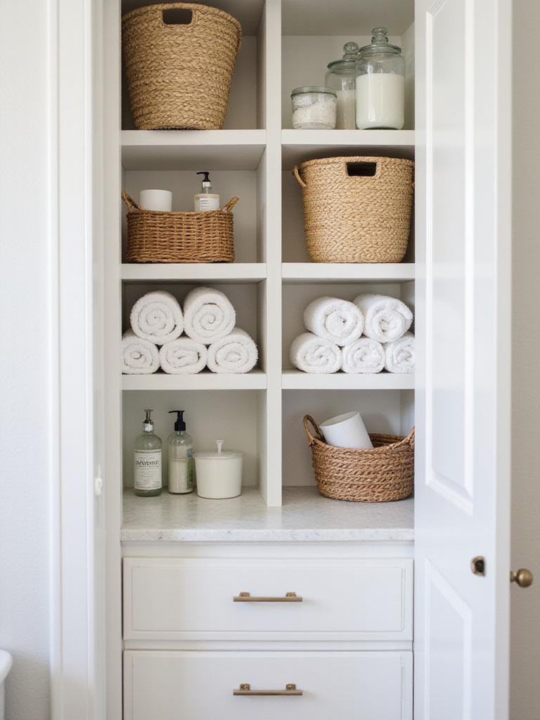 Small bathroom shelving unit with organized baskets holding toiletries and towels.