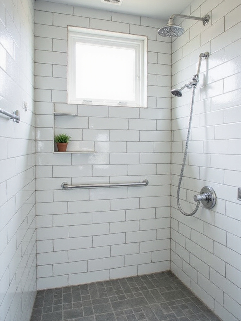 Contrasting dark gray grout highlights light gray subway tile in a modern bathroom shower.