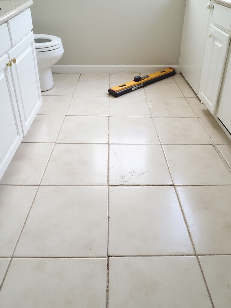 Bathroom floor showing the difference between professional and DIY tile installation, highlighting uneven tiles and grout.