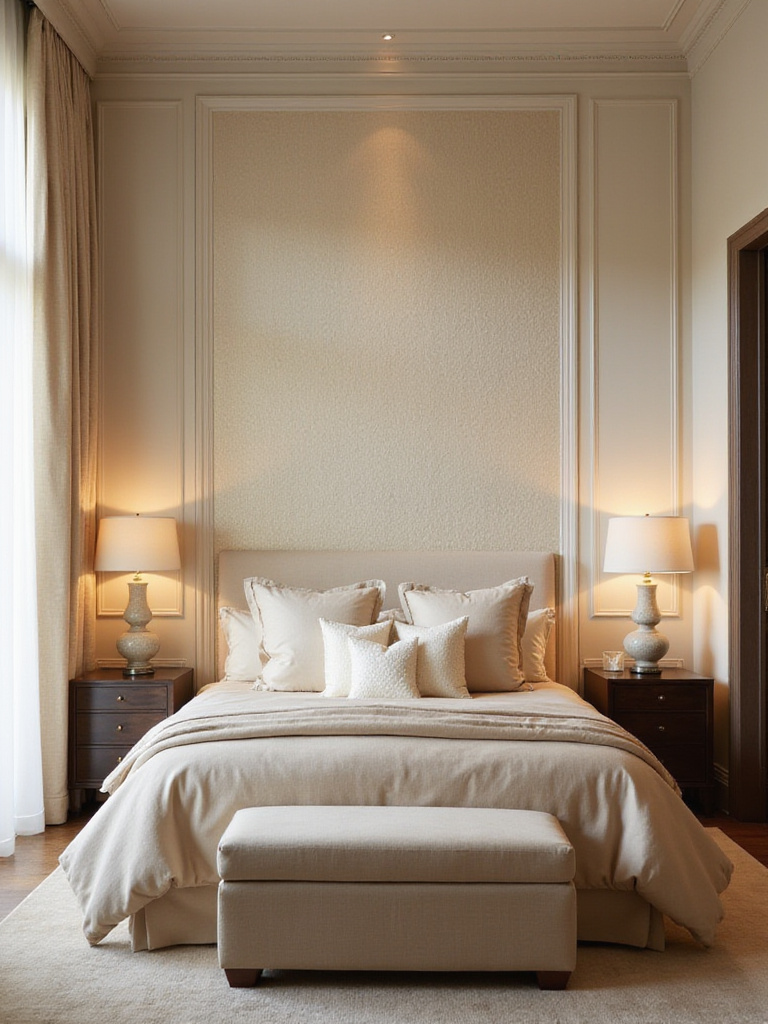 Beige bedroom with textured geometric wallpaper accent wall.