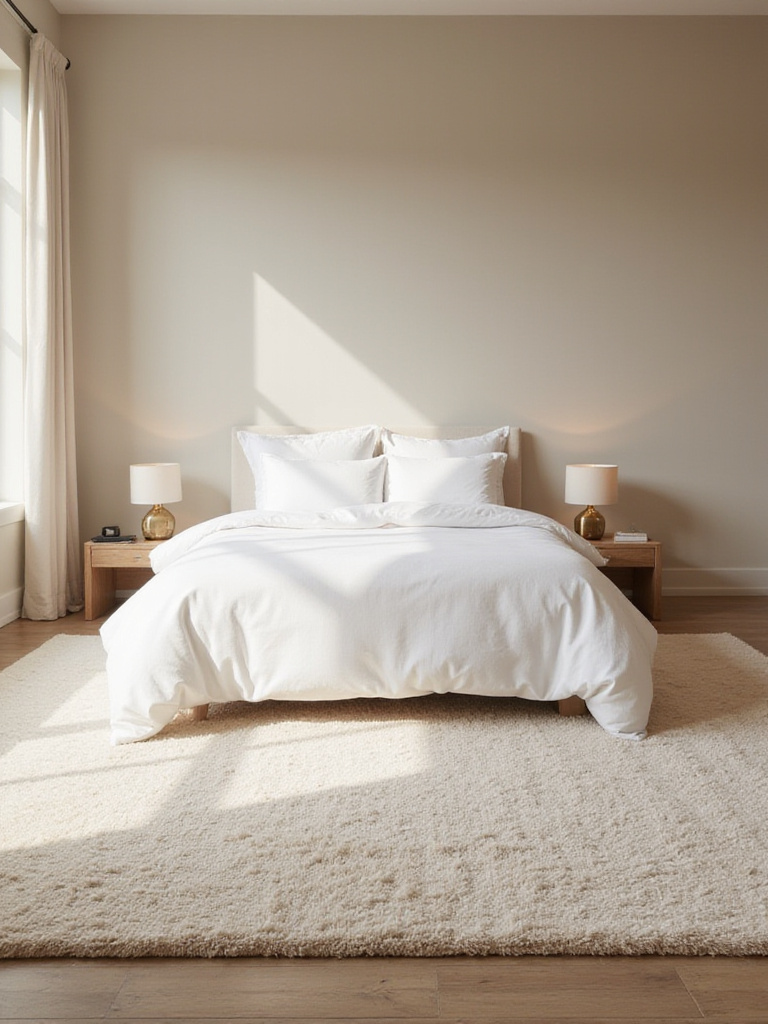 Beige bedroom with large plush rug under bed for warmth and serenity.