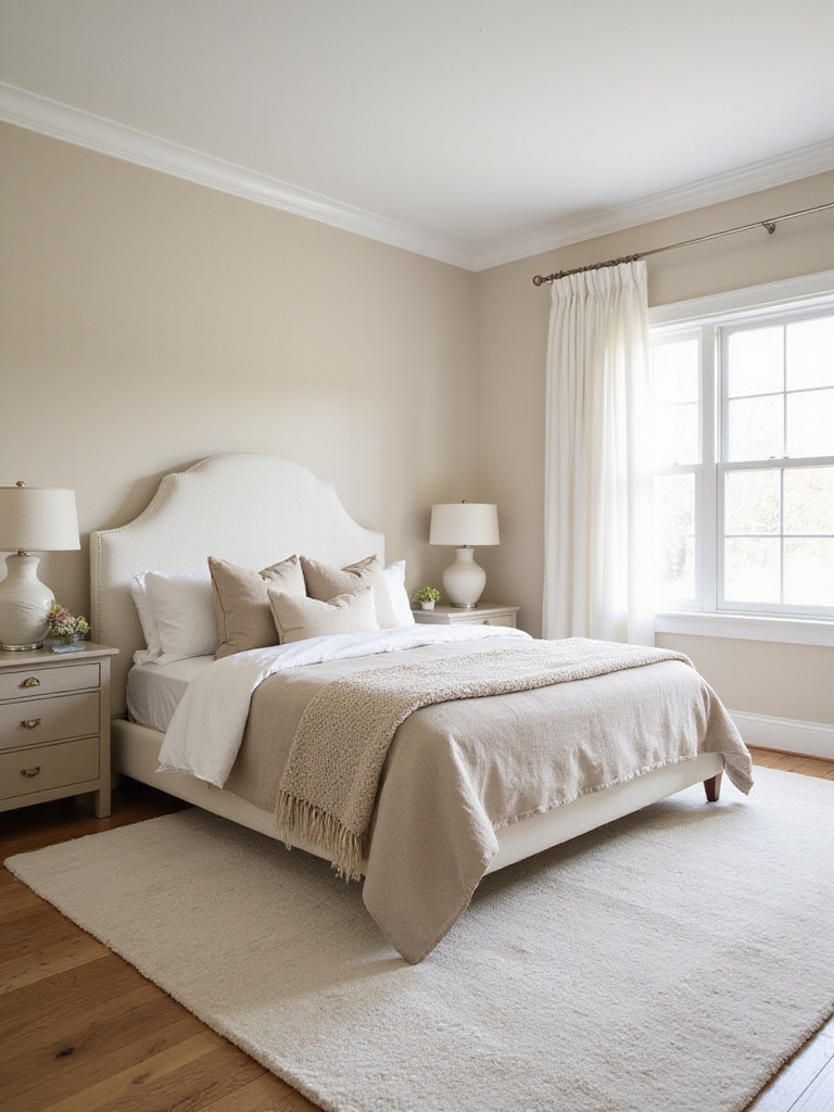 Serene beige and white bedroom with linen bedding and natural light.