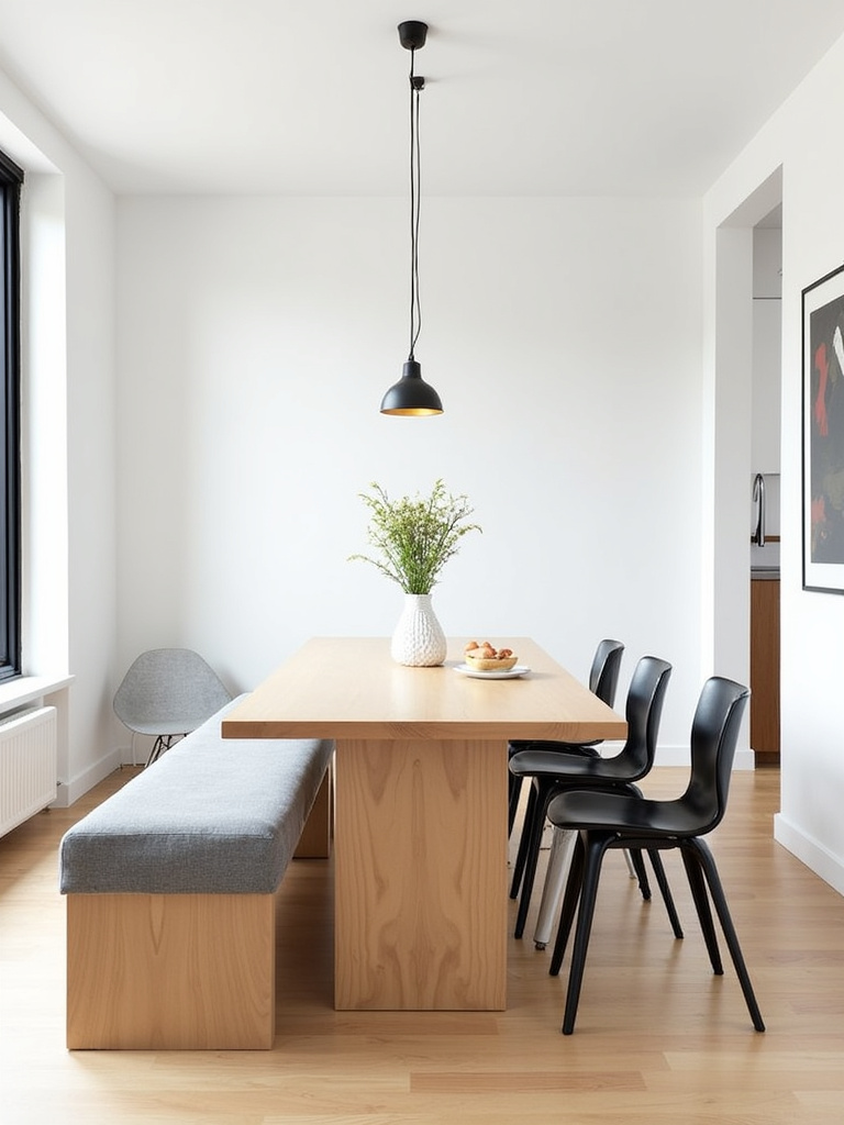 Modern dining room with light wood table, gray upholstered bench, and black metal chairs.