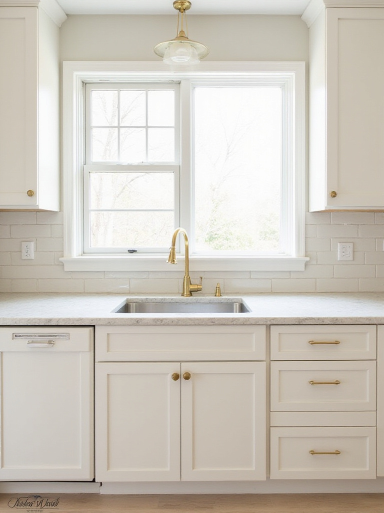 Kitchen featuring off-white shaker cabinets, light quartz countertops, and brushed brass hardware.