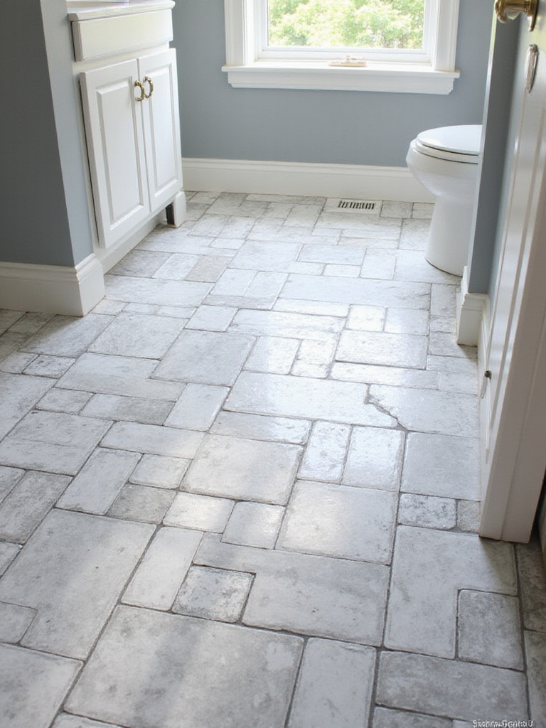 Bathroom floor featuring a modern geometric tile layout in gray and white.