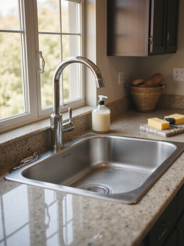 Spotless kitchen sink area with squeegee and cleaning supplies