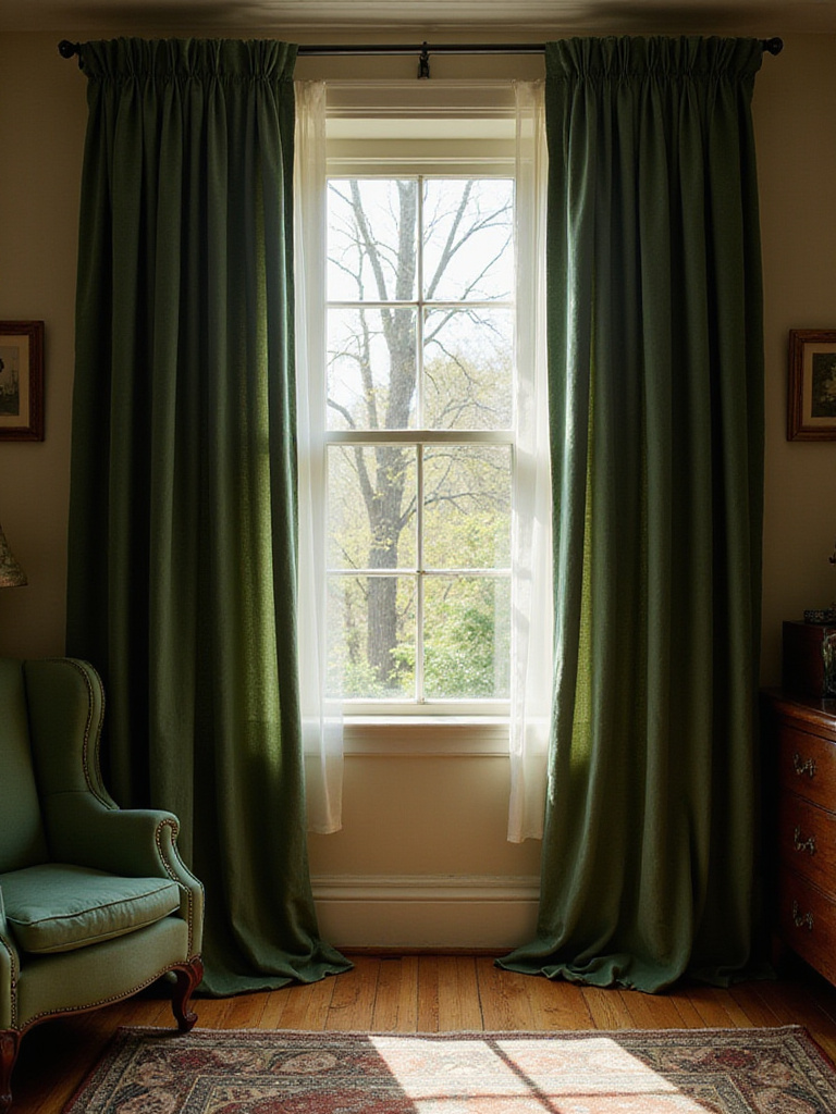 Cozy living room with thick, dark green velvet curtains blocking drafts and adding privacy.