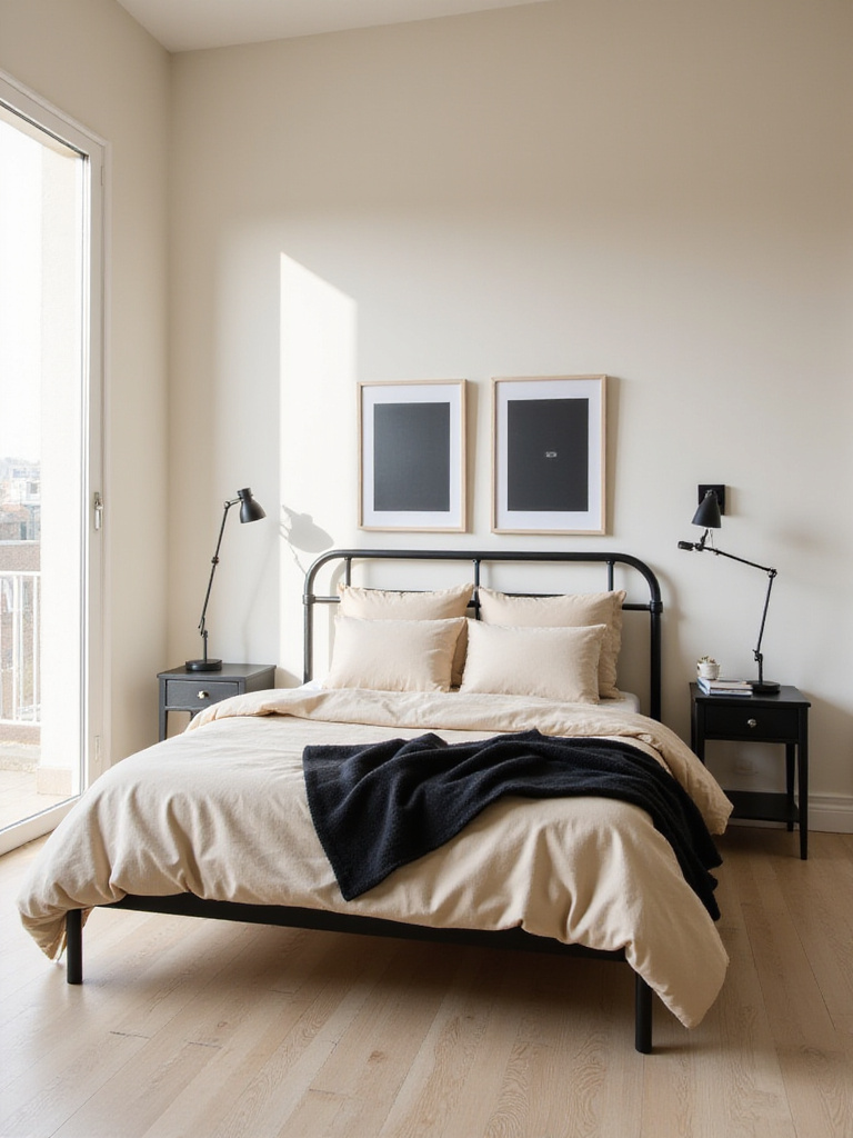 Beige bedroom with black bed frame, nightstands, and accents.