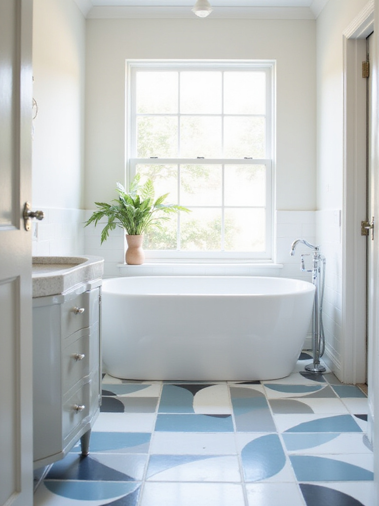 Bathroom floor with bold geometric patterned tiles in blue, gray, and white.