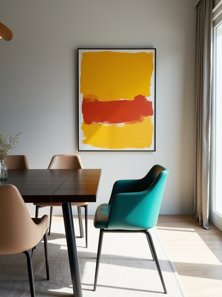 Modern dining room with a teal accent chair and abstract artwork providing pops of color.
