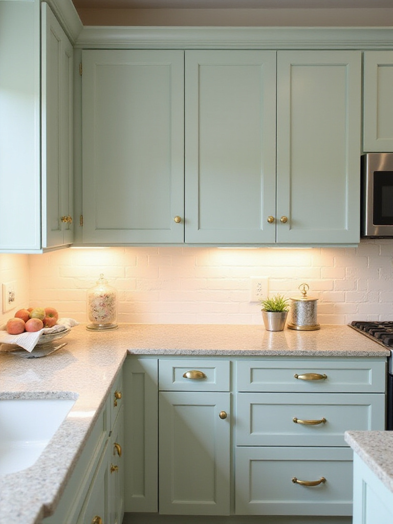 Sage green shaker style kitchen cabinets with brushed gold hardware, a valuable home improvement.