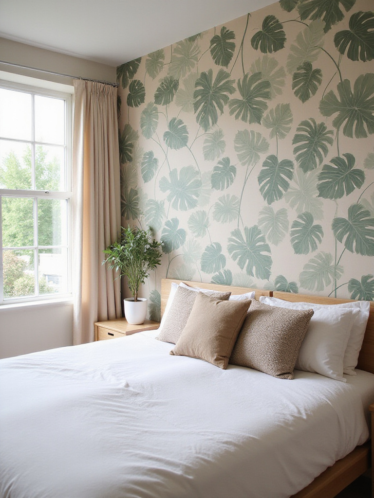 Modern bedroom with green botanical wallpaper accent wall