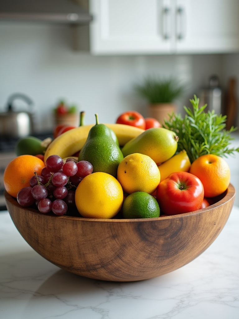 Stylish fruit and vegetable display in a rustic wooden bowl on a kitchen counter