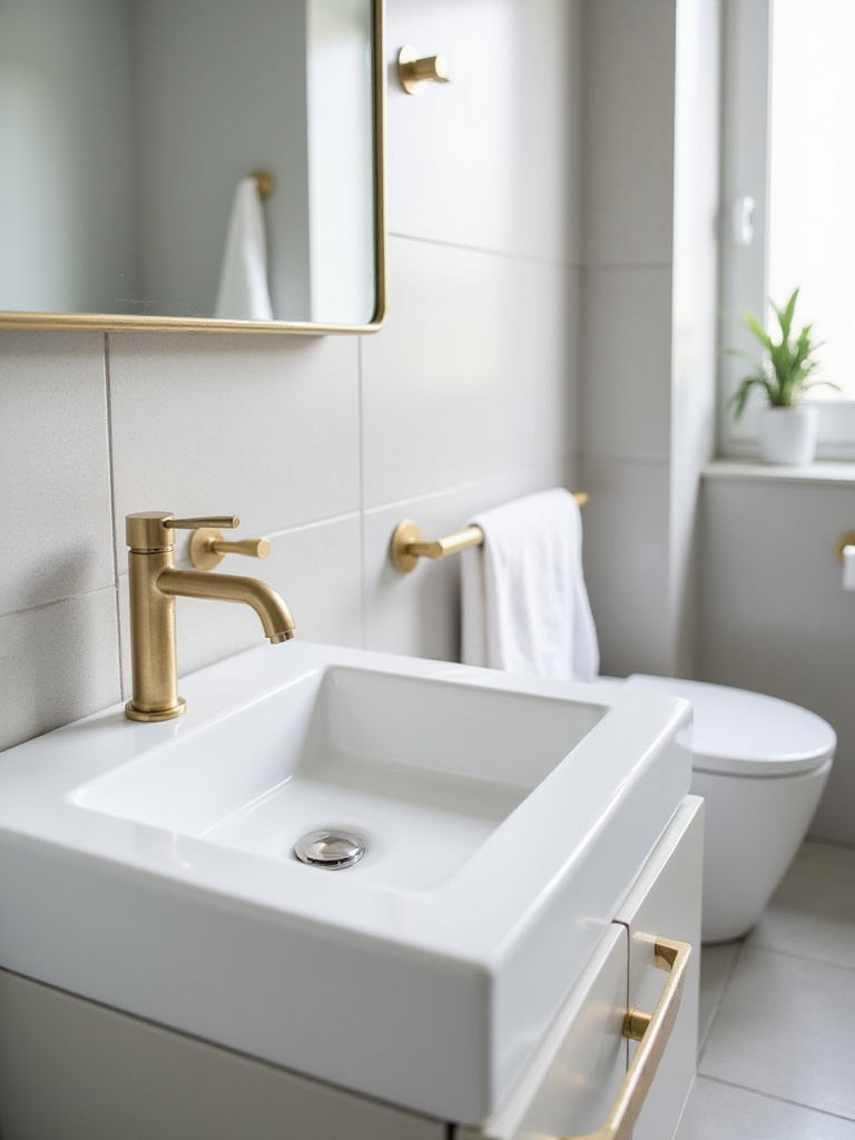 Modern bathroom with white sink and brass faucet
