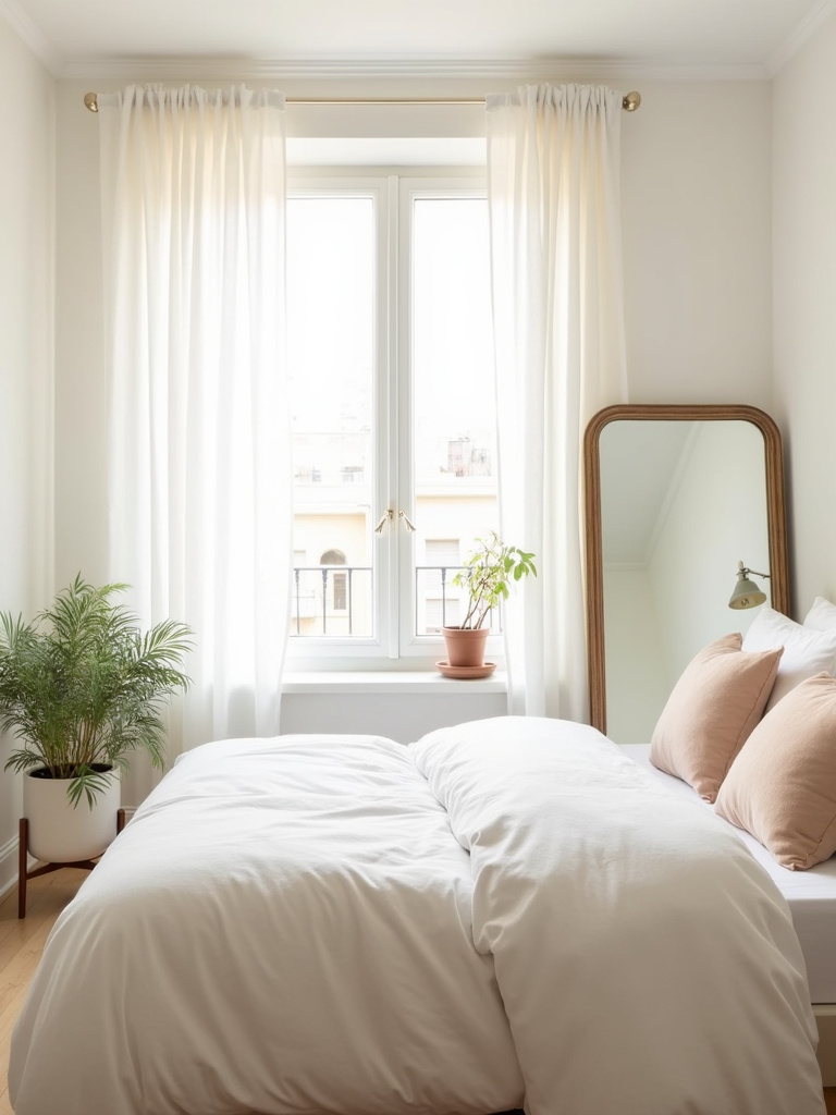 Light and airy apartment bedroom with white walls and linen bedding.