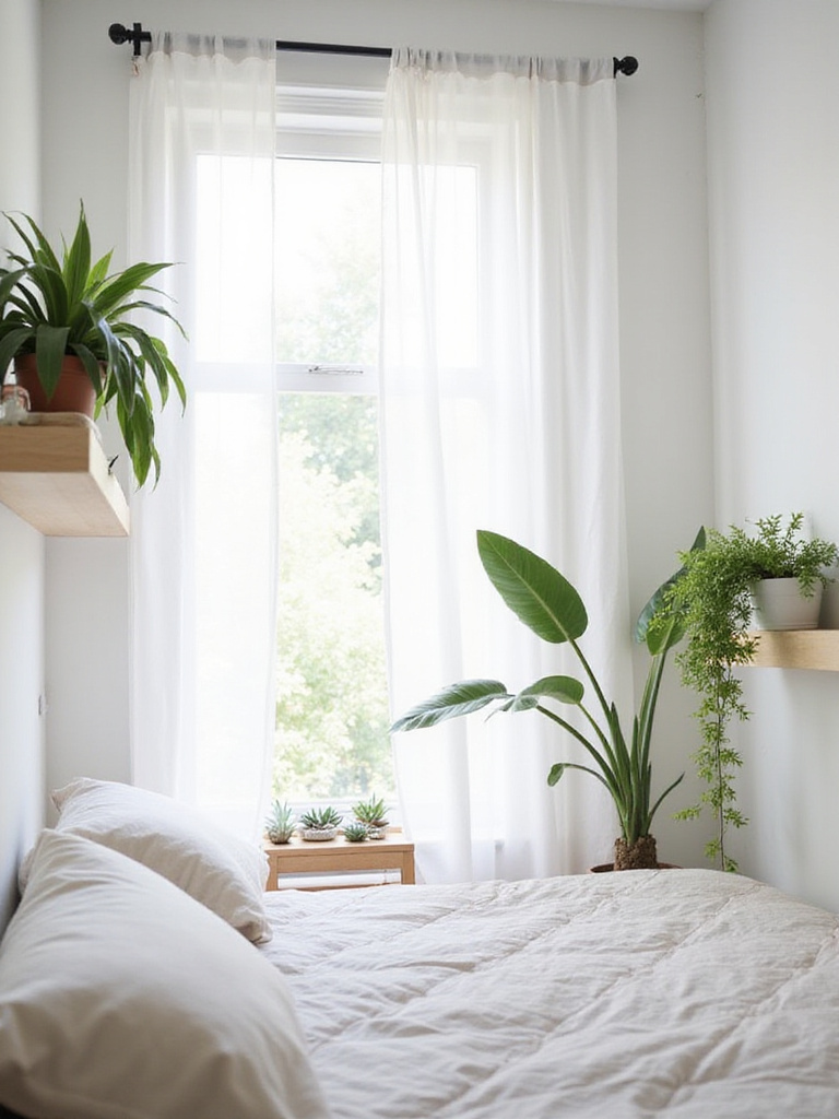 Small bedroom with snake plant on floating shelf, pothos in hanging planter, and succulents on windowsill, showcasing greenery as a space-saving design element.